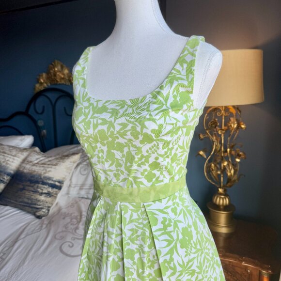 Lime Green and Off White Floral Tea Dress Vintage - Picture 4 of 12